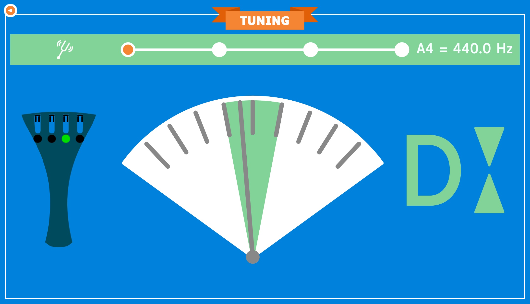 The tuner shows which string is in tune